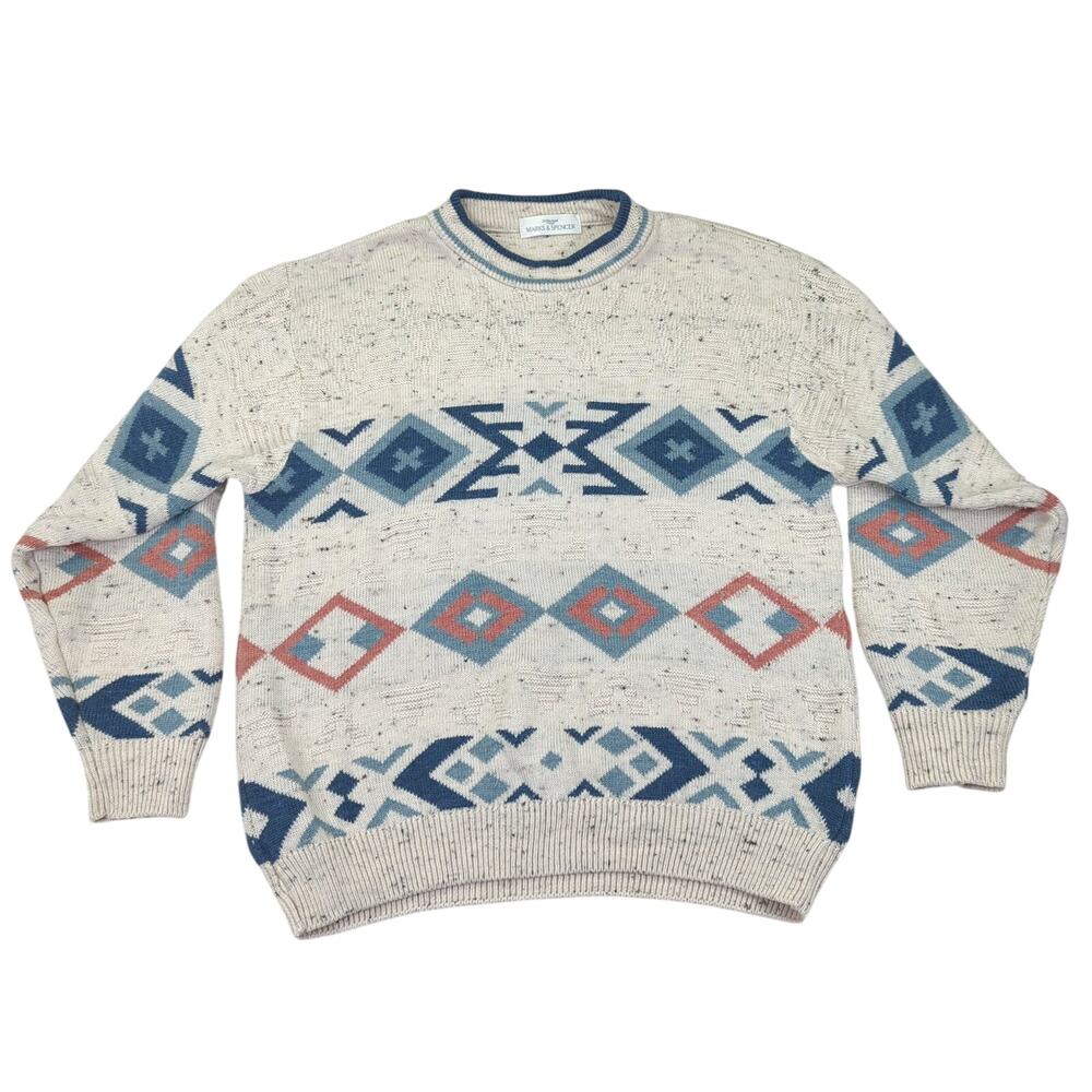 Vintage 90s St. Michael Crewneck Sweater Cream‎ Blue Pattern Men's Medium Wool